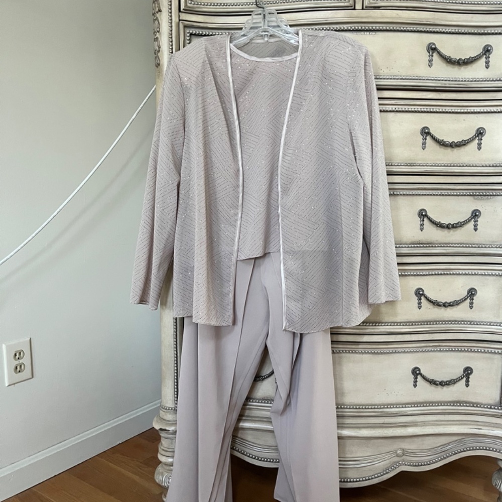 Three piece formal gown-like pant set, Jacket and shell.